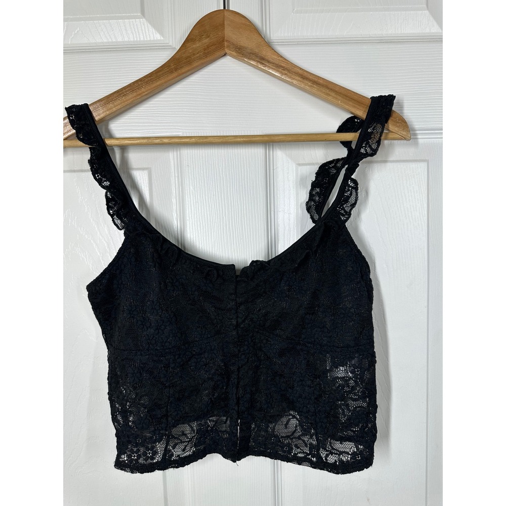 Motel Crop Top Womens Large Black Lace Ruffle Strap Sweetheart Neckline Floral